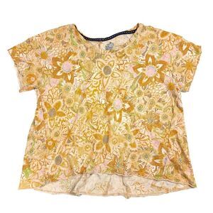 ANTHROPOLOGIE Pilcro Linen Sustainable Swing Tee Babydoll T-Shirt Mustard Floral
